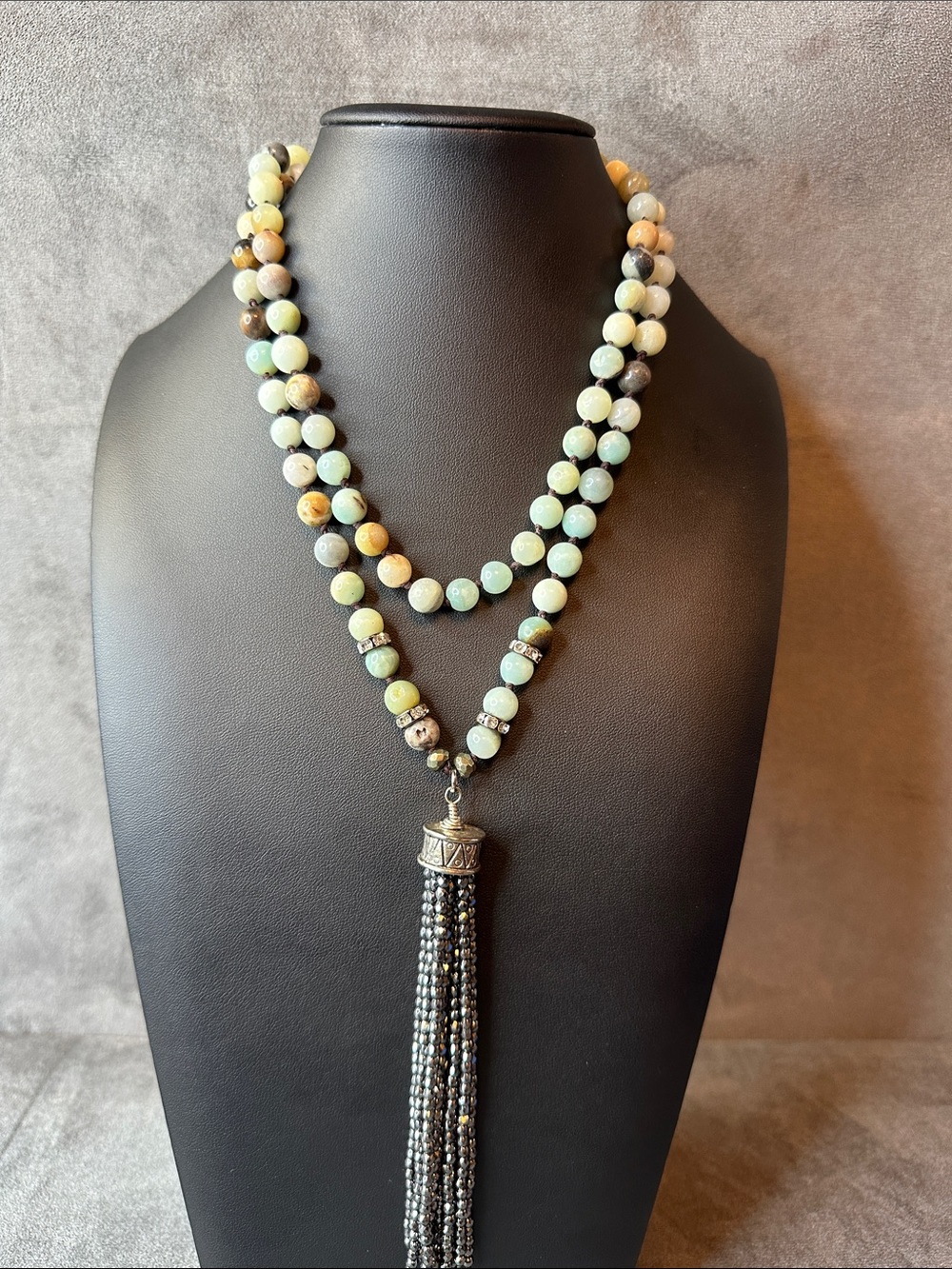 Handmade Amazonite Beaded Tassel Necklace - Mint Green